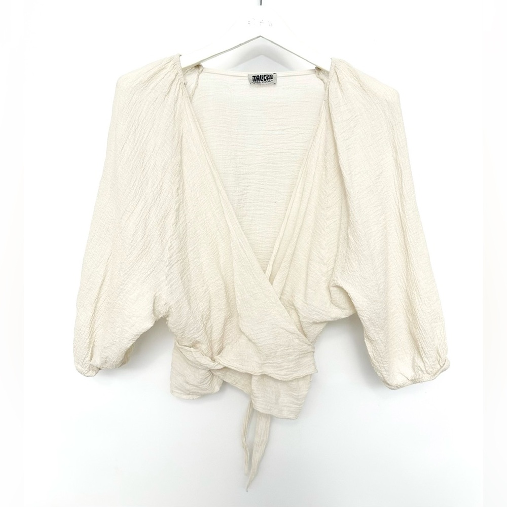 Textured Wrap Blouse with Tie Waist in Ivory